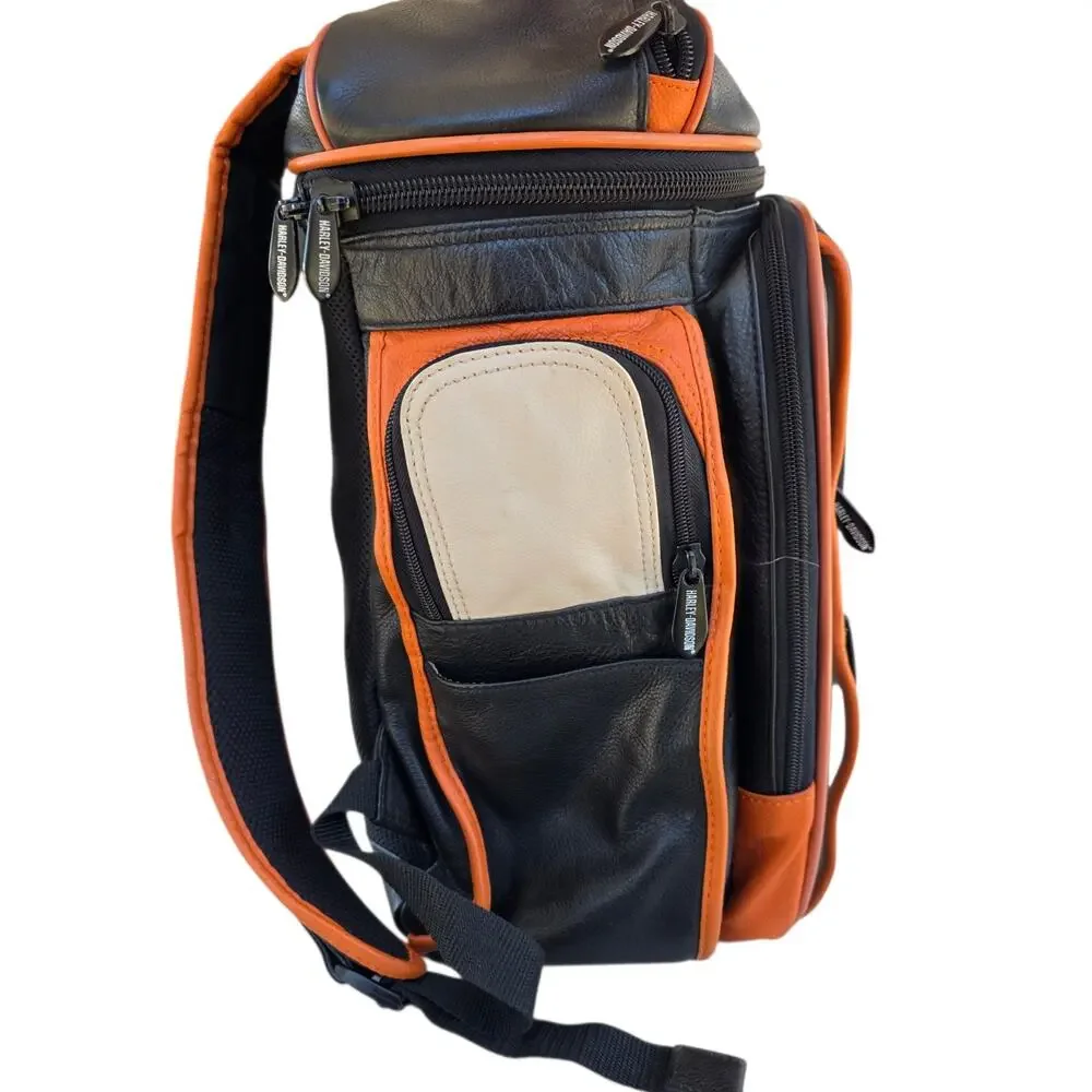 Harley-Davidson 105th Anniversary Orange/Blk Leather Backpack Laptop Travel Bag